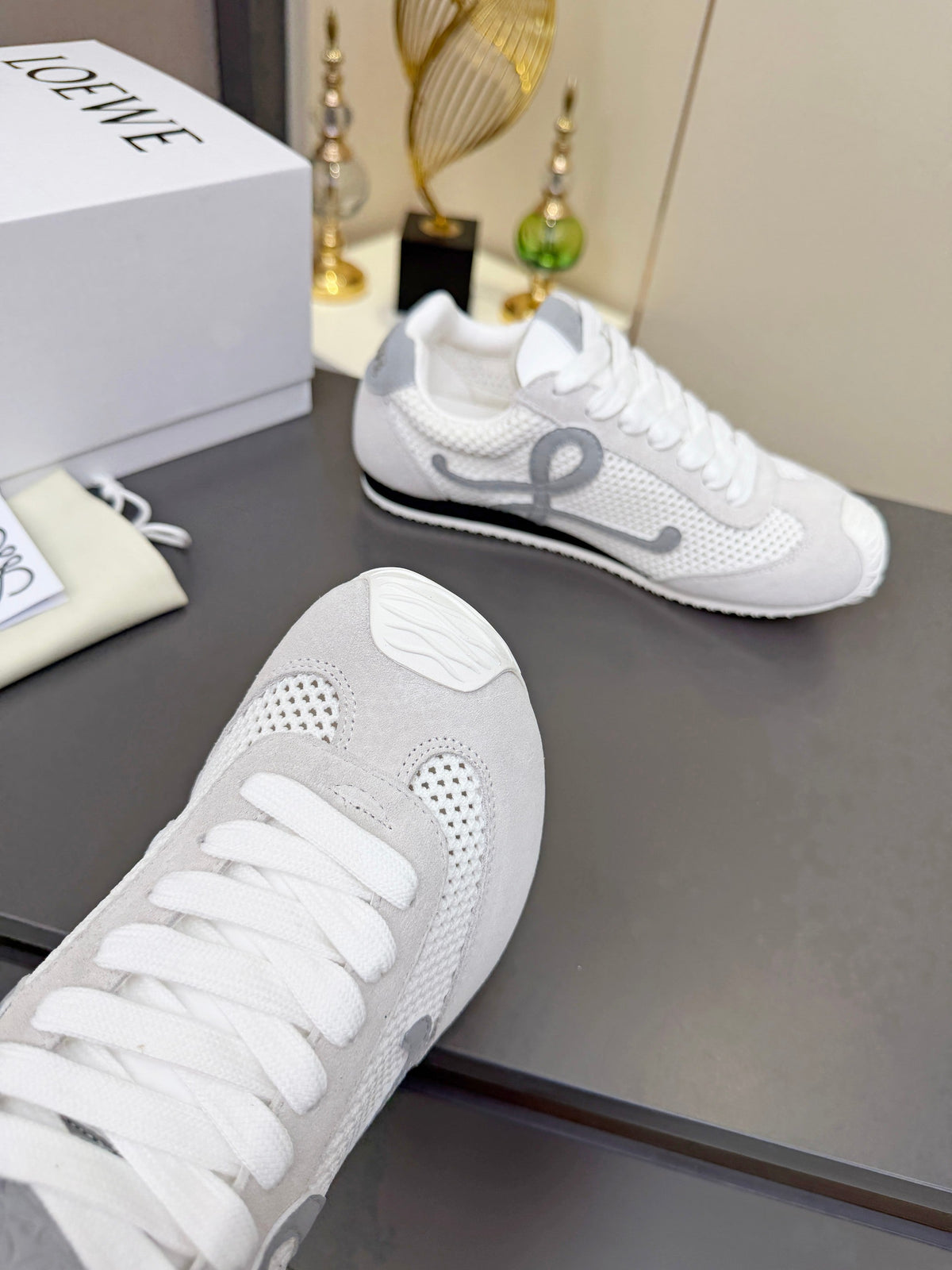 Loewe 26S Runner 2.0 Sneakers in Light Grey Suede and White Mesh Fabric