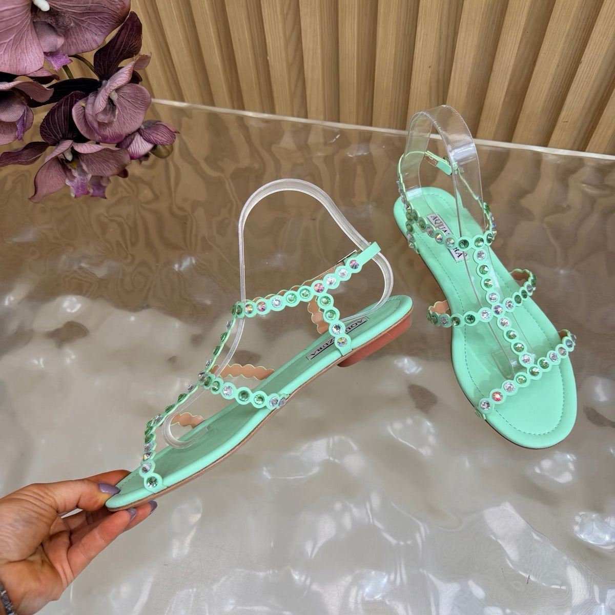 Aquazzura 26s Flat Sandals Mint Green Calfskin Crystal Embellished 694215