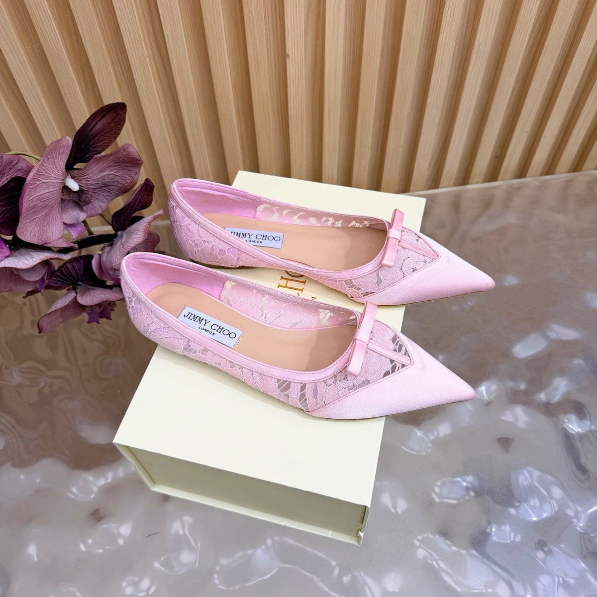 Jimmy Choo 26S Flats Light Pink Lace And Satin 382914