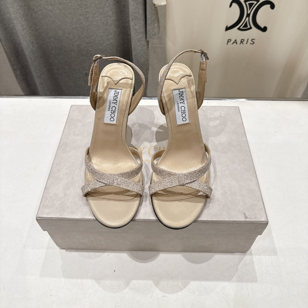 Jimmy Choo 26S High-Heeled Sandals 10.0cm Light Beige Glitter Fabric 618439