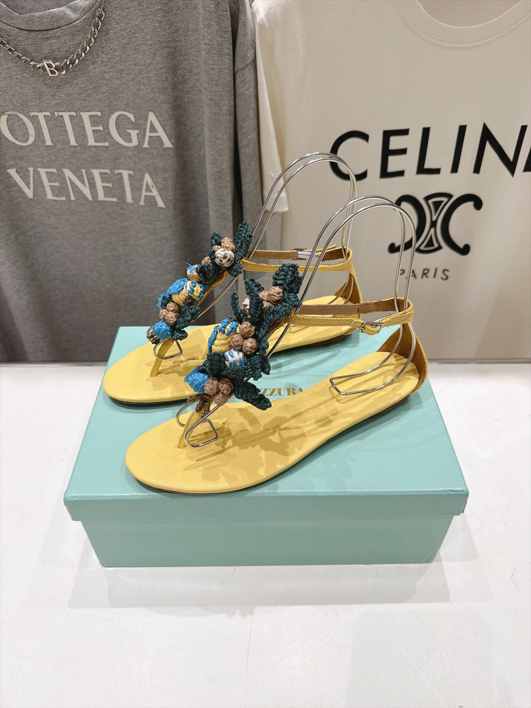 Aquazzura 26s Floral Applique Thong Sandals Yellow Calfskin 394821