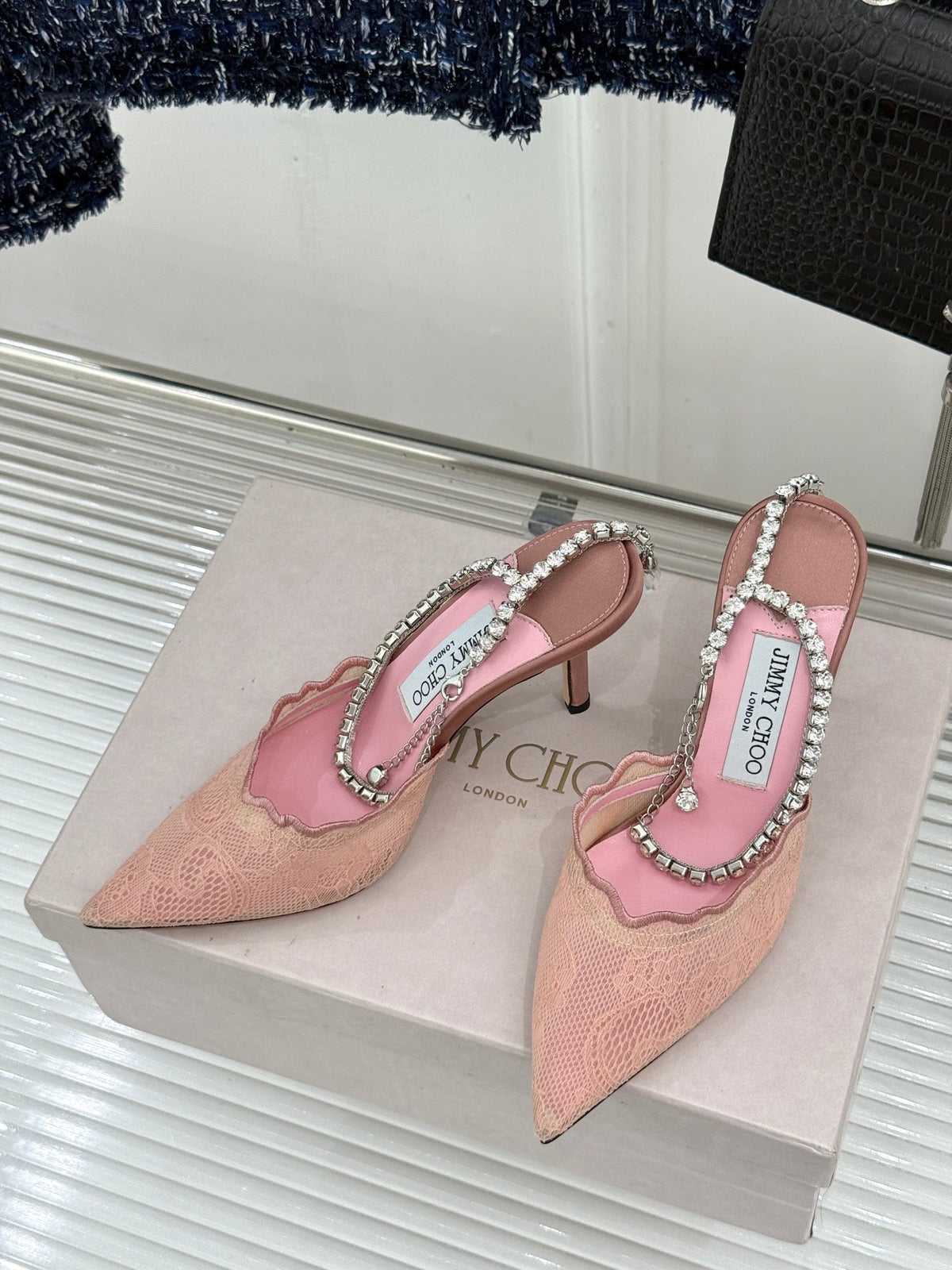 Jimmy Choo 26S Embellished High-Heeled Sandals 8.5cm Ballet Pink Lace 714392