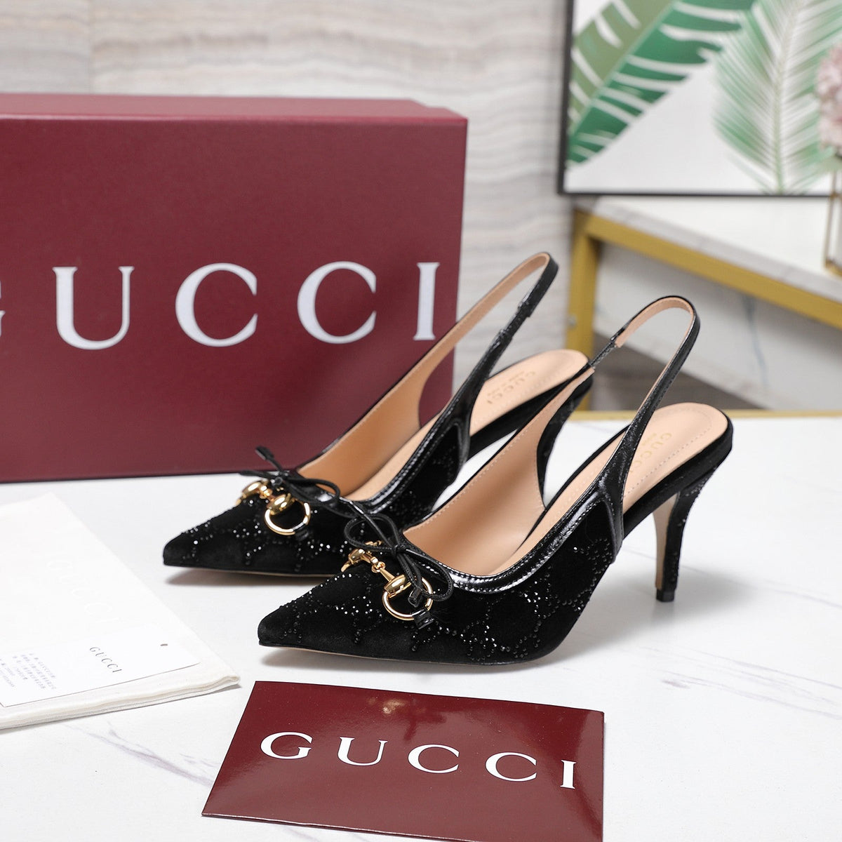 Gucci 26s Slingback Pumps 10cm Black Velvet Gold Hardware With Bow