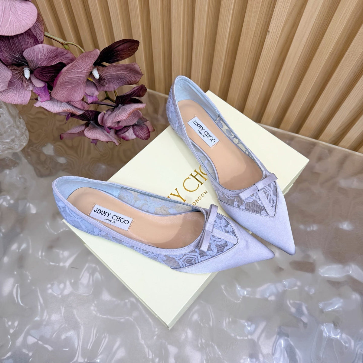 Jimmy Choo 26S Flats Pastel Blue Lace And Satin 418295