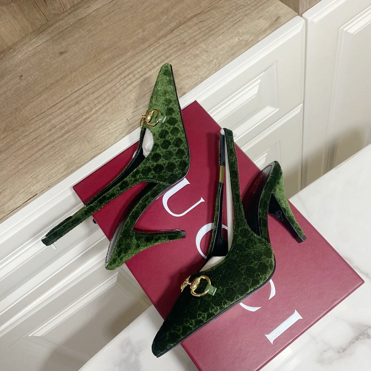 Gucci 26s Slingback Heels 8.5cm Dark Green Velvet