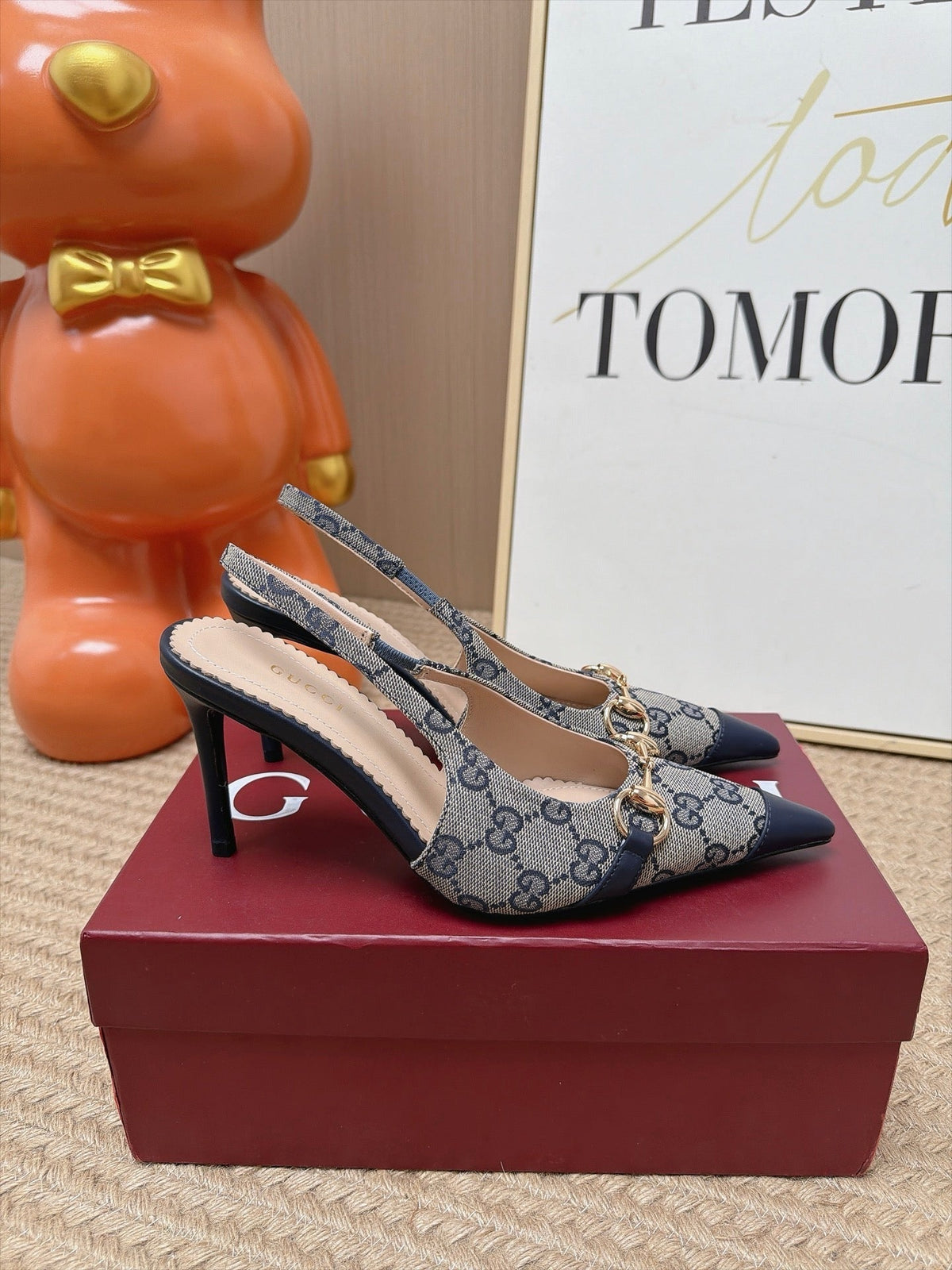 Gucci 26s Slingback Heels 10.5cm Grey Canvas Mix Navy Blue Lambskin