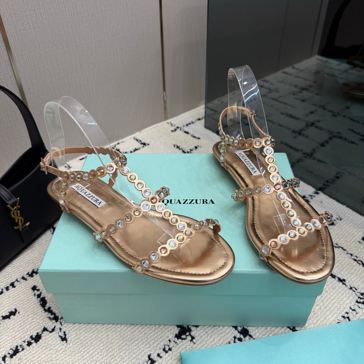 Aquazzura 26s Flat Sandals Rose Gold Lambskin Crystal-Embellished 719405