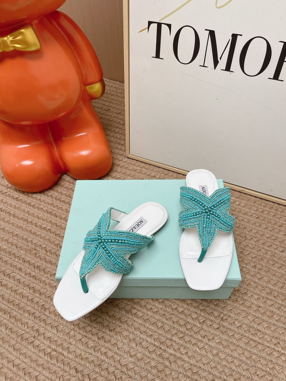Aquazzura 26s Starfish Beaded Thong Sandals White & Turquoise Lambskin 174952