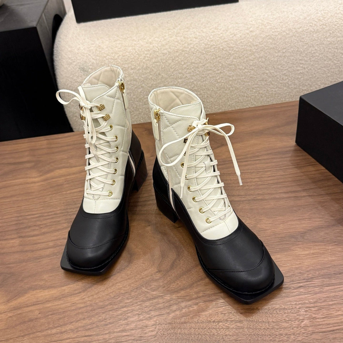Chanel 26s Lace Up High Top Boots 4.5 Cm Black White Calfskin