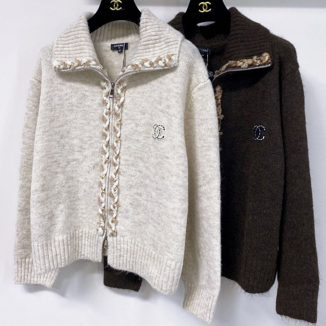 CC 26FW Textured-Trim Zip-Up Sweater CC Logo Cashmere 274028