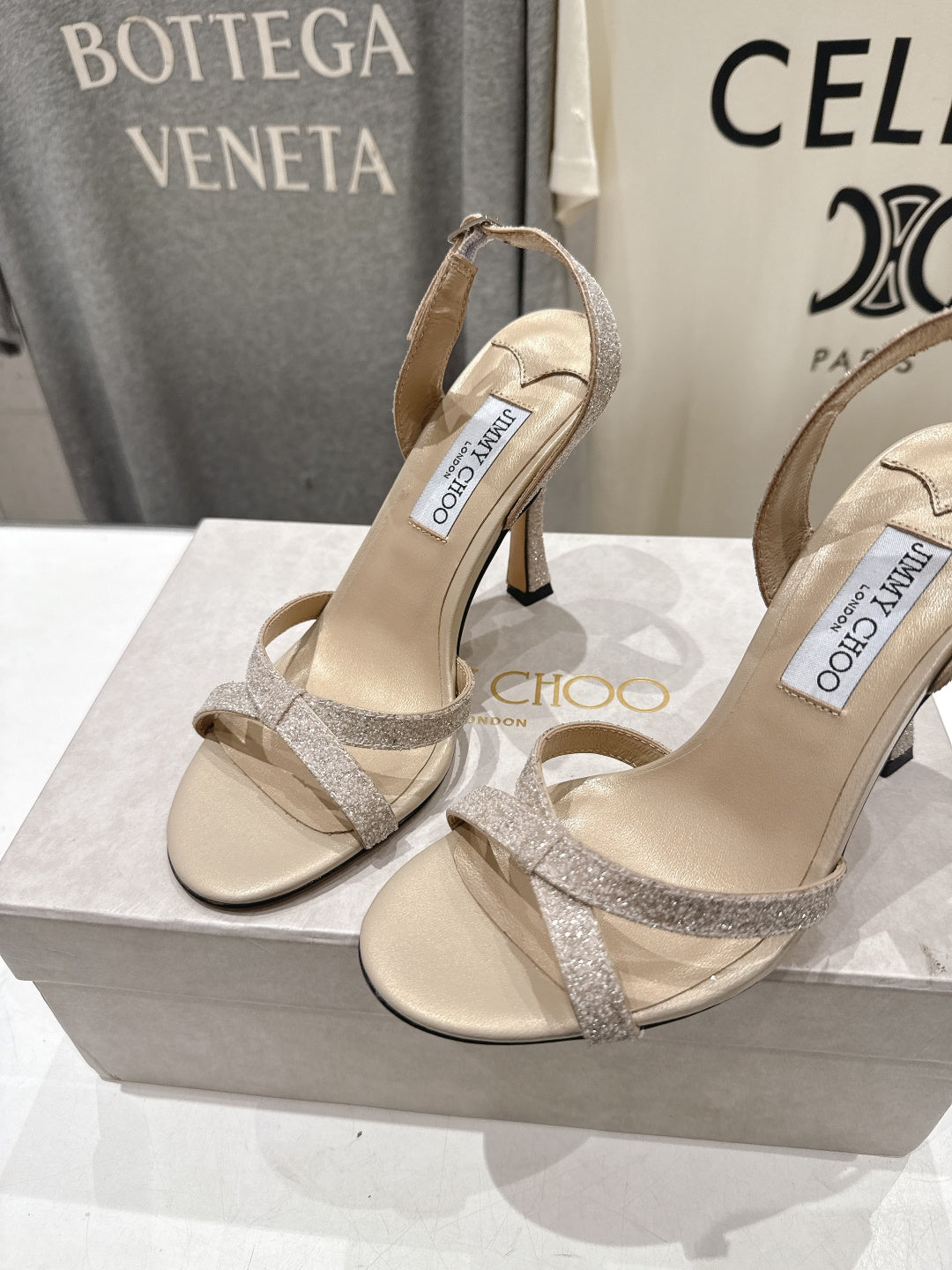 Jimmy Choo 26S High-Heeled Sandals 10.0cm Light Beige Glitter Fabric 618439