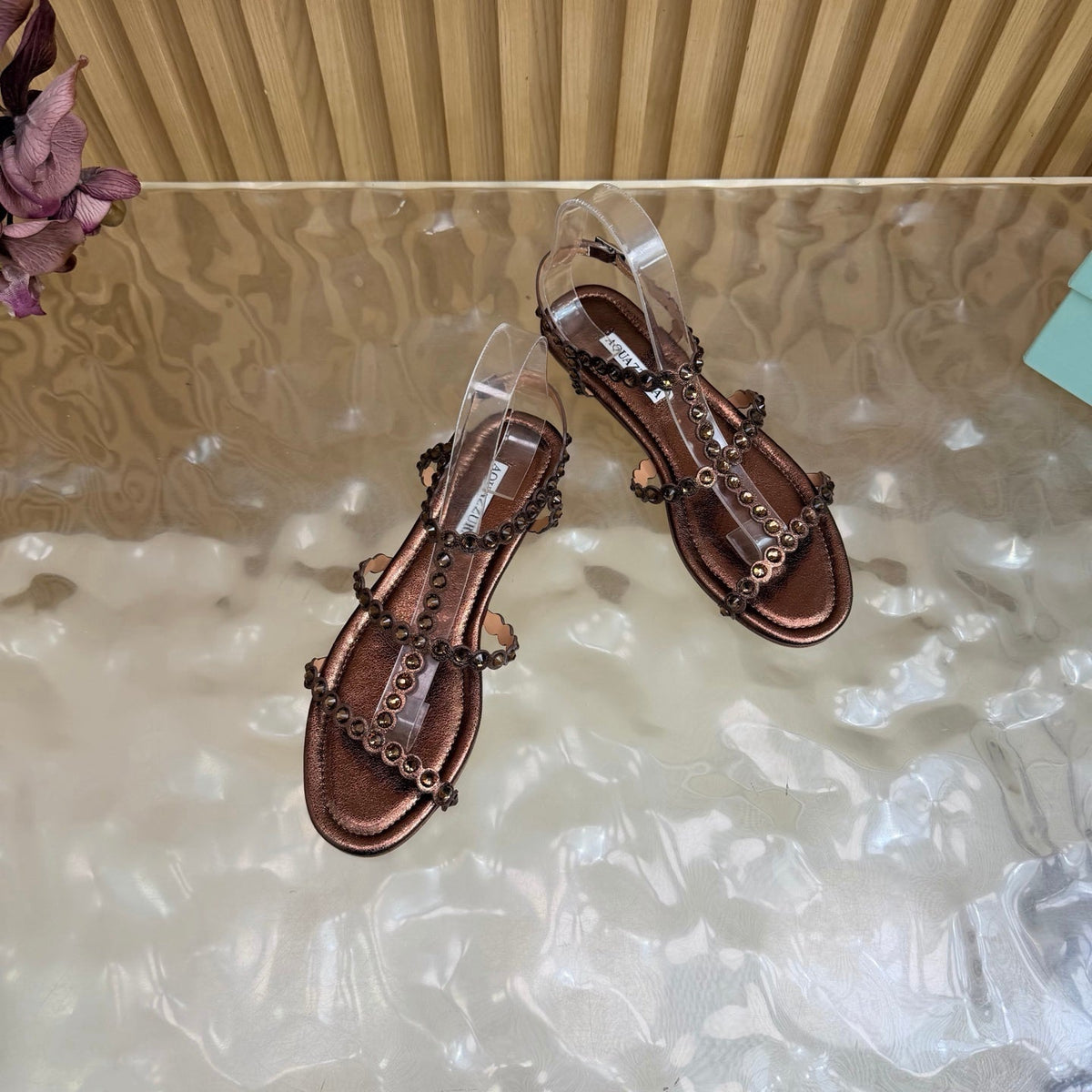 Aquazzura 26s Flat Sandals Dark Bronze Calfskin Crystal Embellished 501837