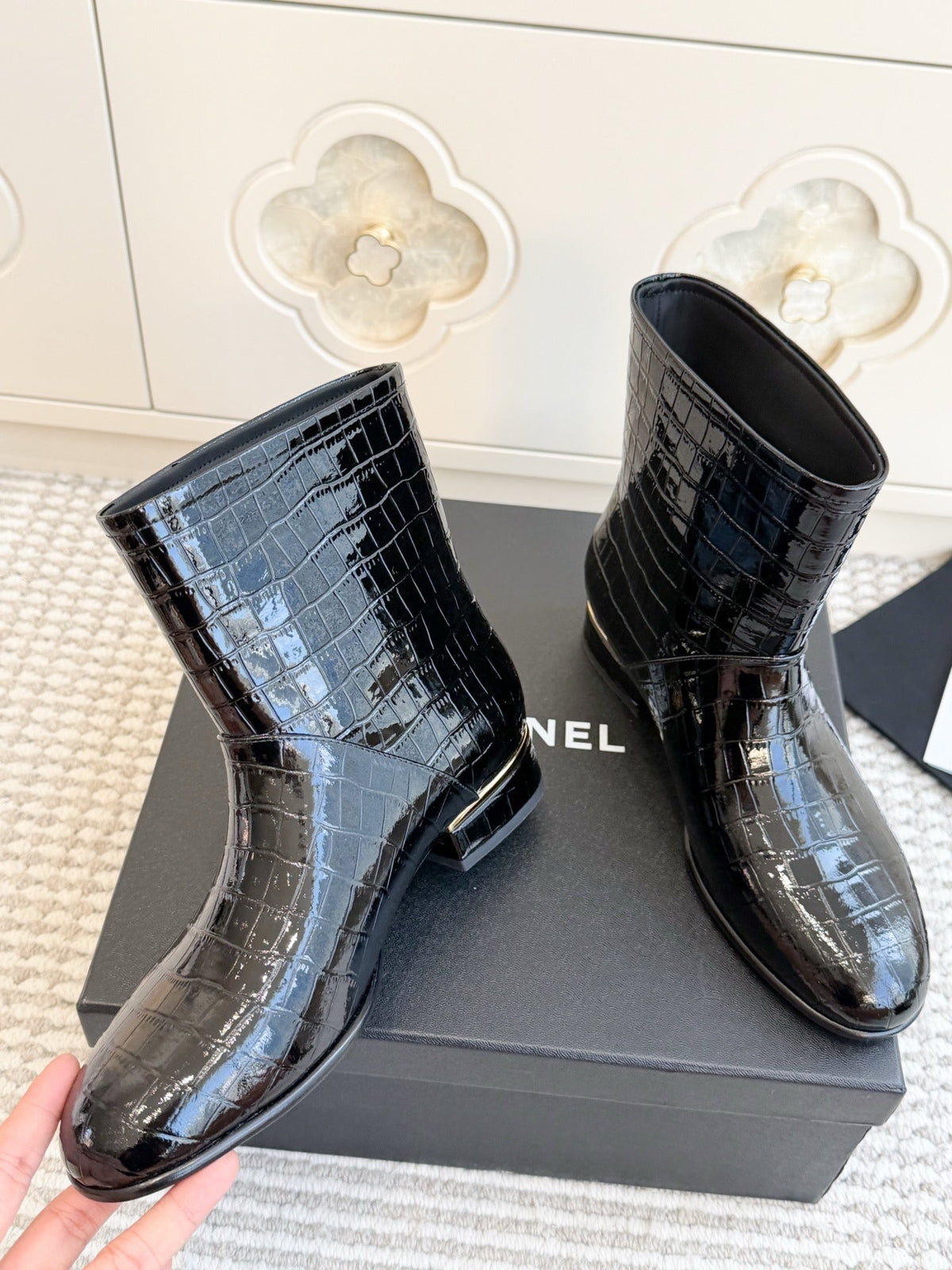 Chanel 26s Short Boots Black Patent Crocodile Embossed