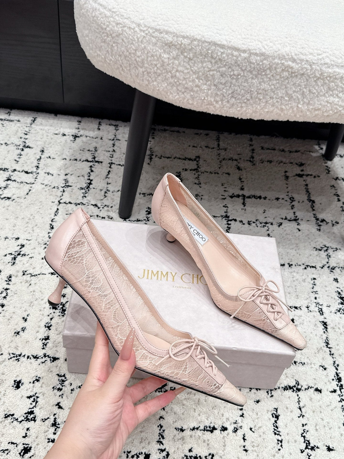 Jimmy Choo 26S Lace-Up High Heels 4.5cm Nude Pink Lace Fabric 719245