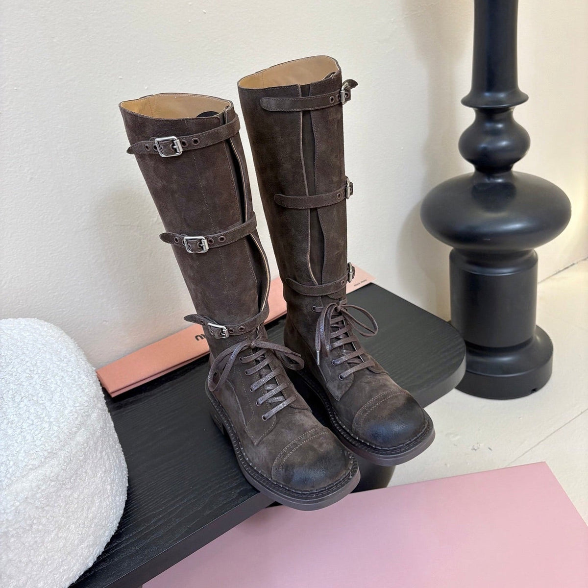 Miumiu 25s Army Boots Dark Brown Suede