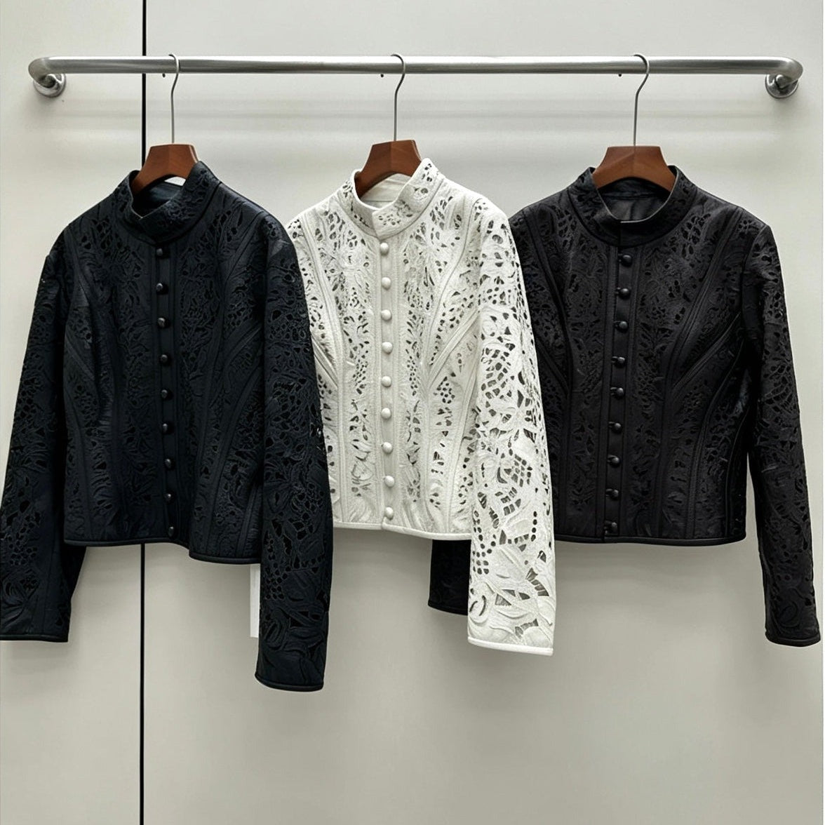 HM 26S Laser-Cut Lace Pattern Jacket Mock Collar Round Buttons Leather 435206