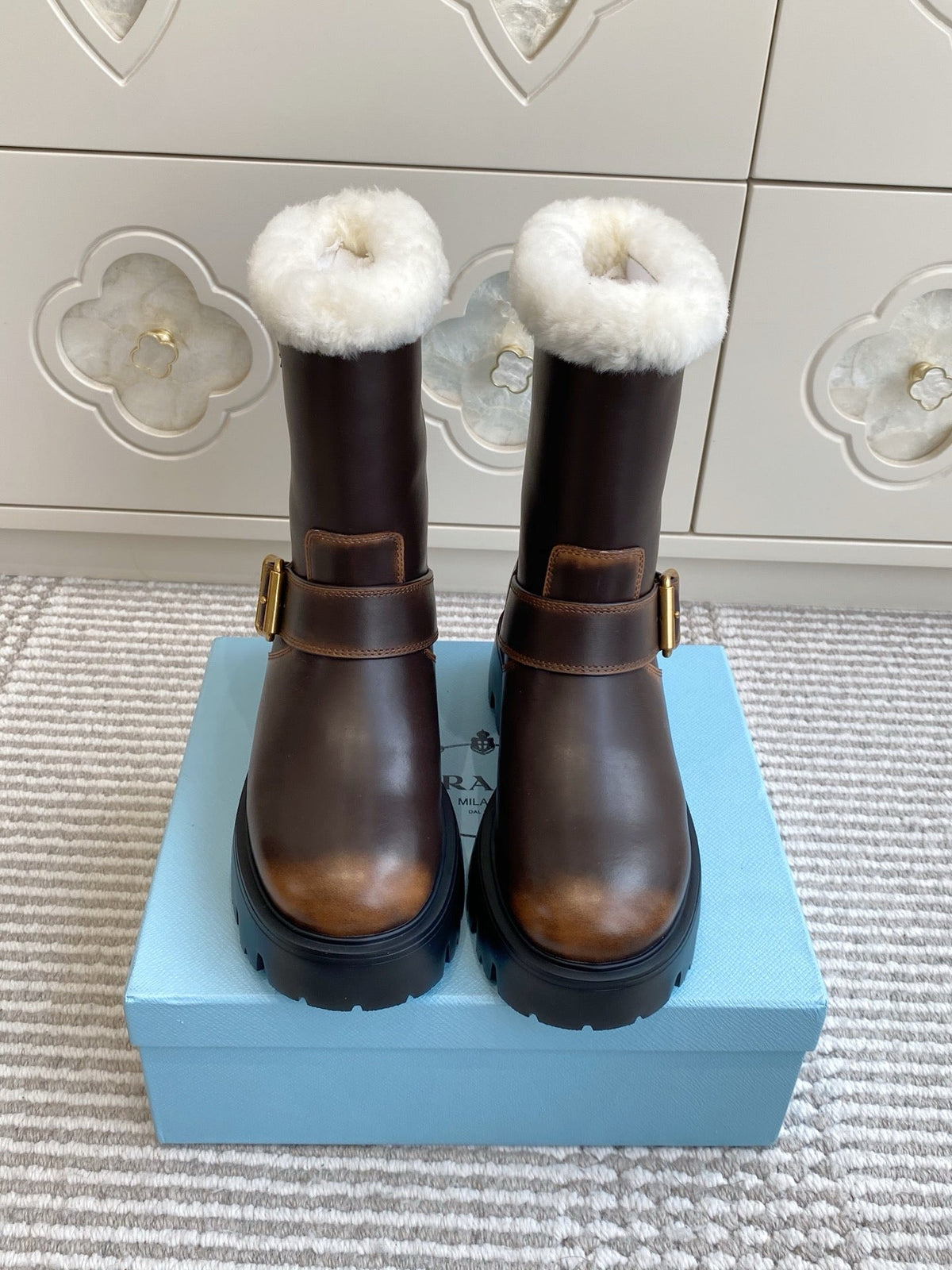 Prada 2026 Biker Platform Boots Suede Cowhide Wool 147125