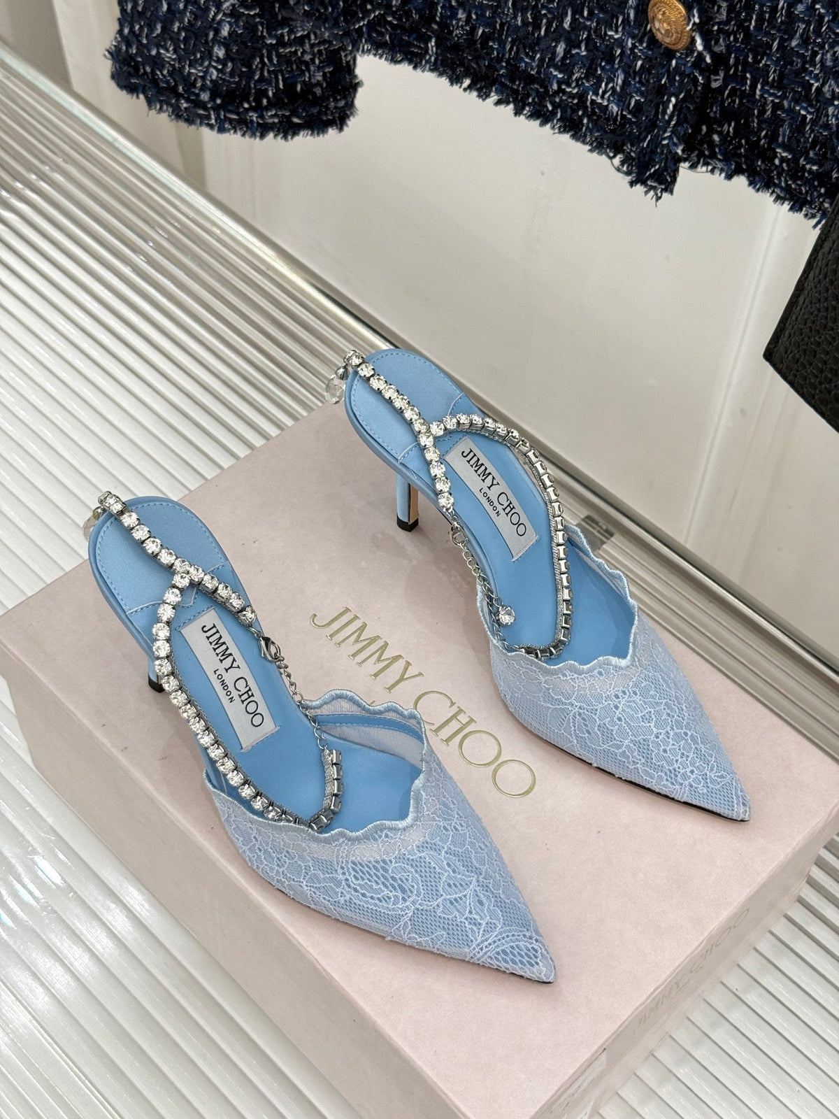 Jimmy Choo 26S Embellished High-Heeled Sandals 8.5cm Blue Lace 483195