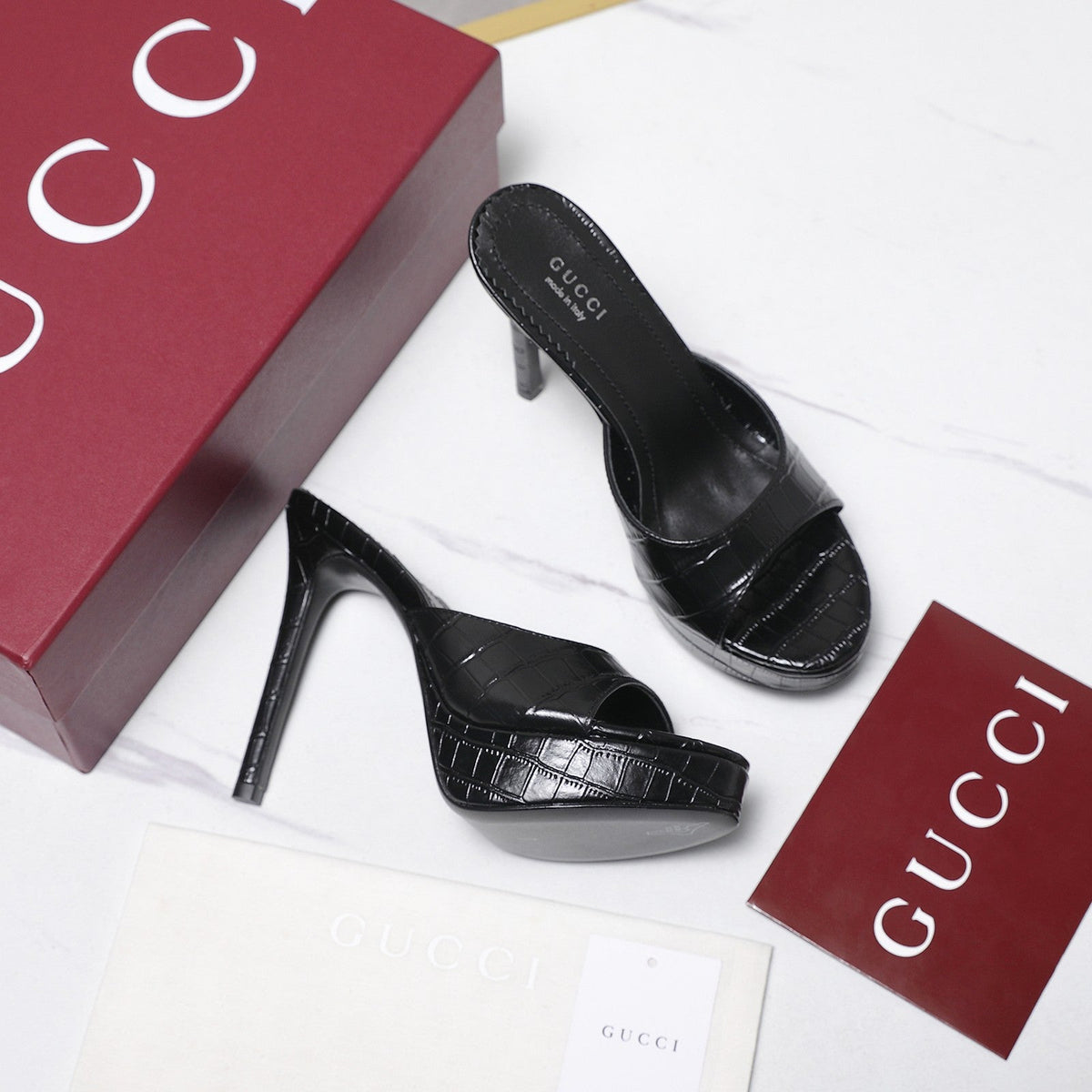 Gucci 26s Heeled Slide Sandals 12cm Black Crocodile Embossed Patent Calfskin