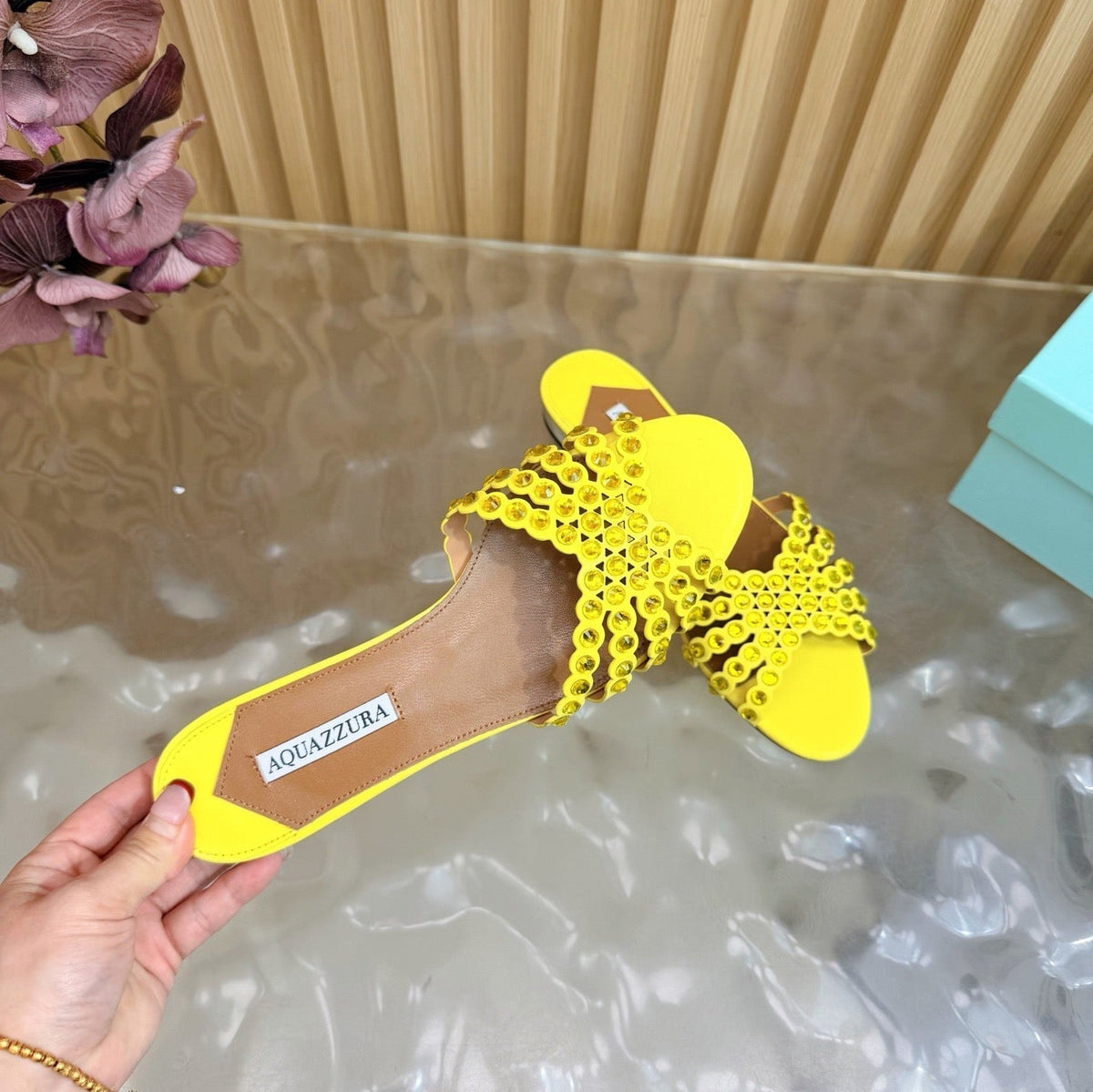 Aquazzura 26s Slides Yellow Calfskin Crystal-Embellished Straps 395104