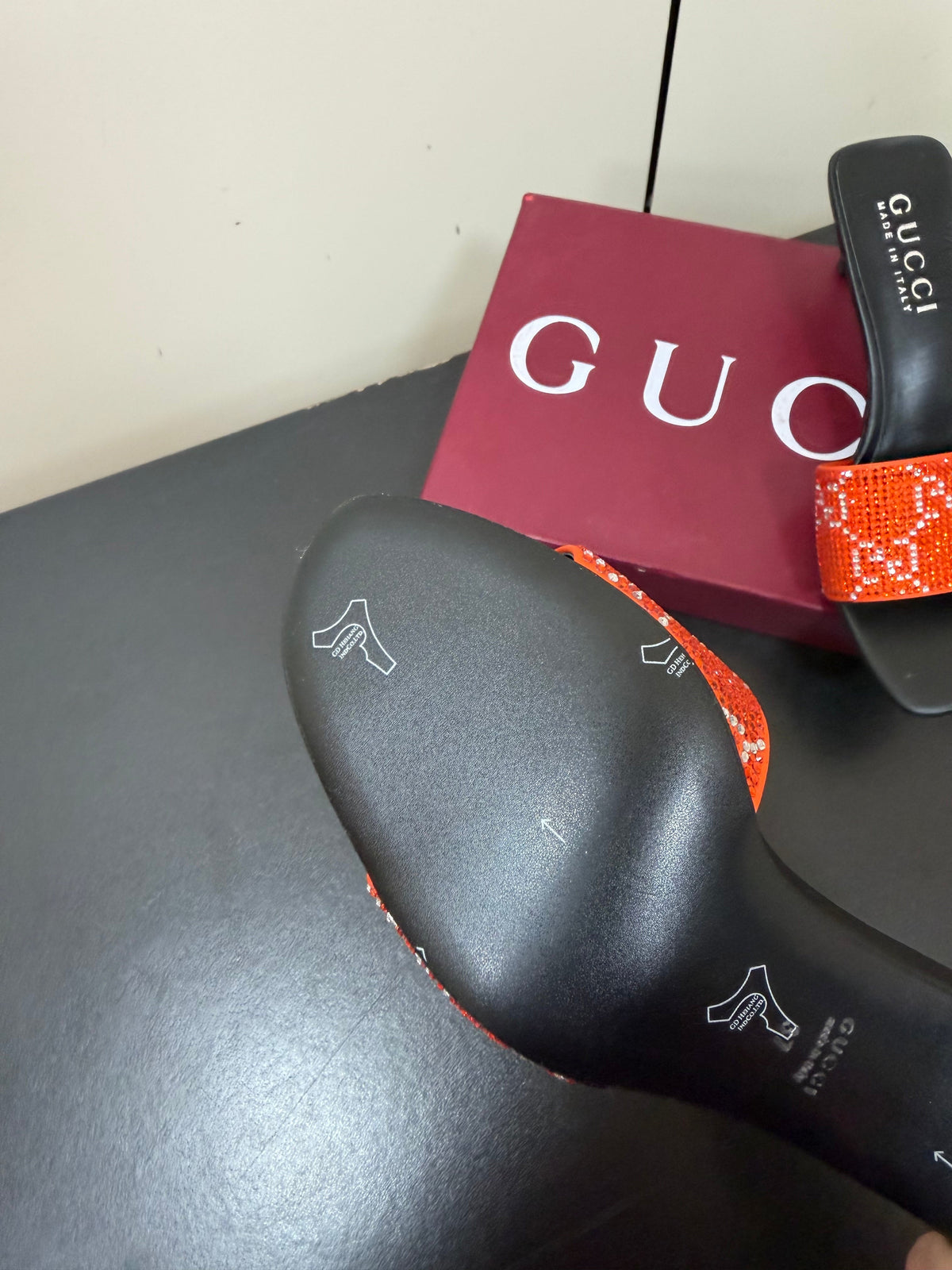Gucci 26s Mule Sandals 8.5cm Orange Satin Crystal GG
