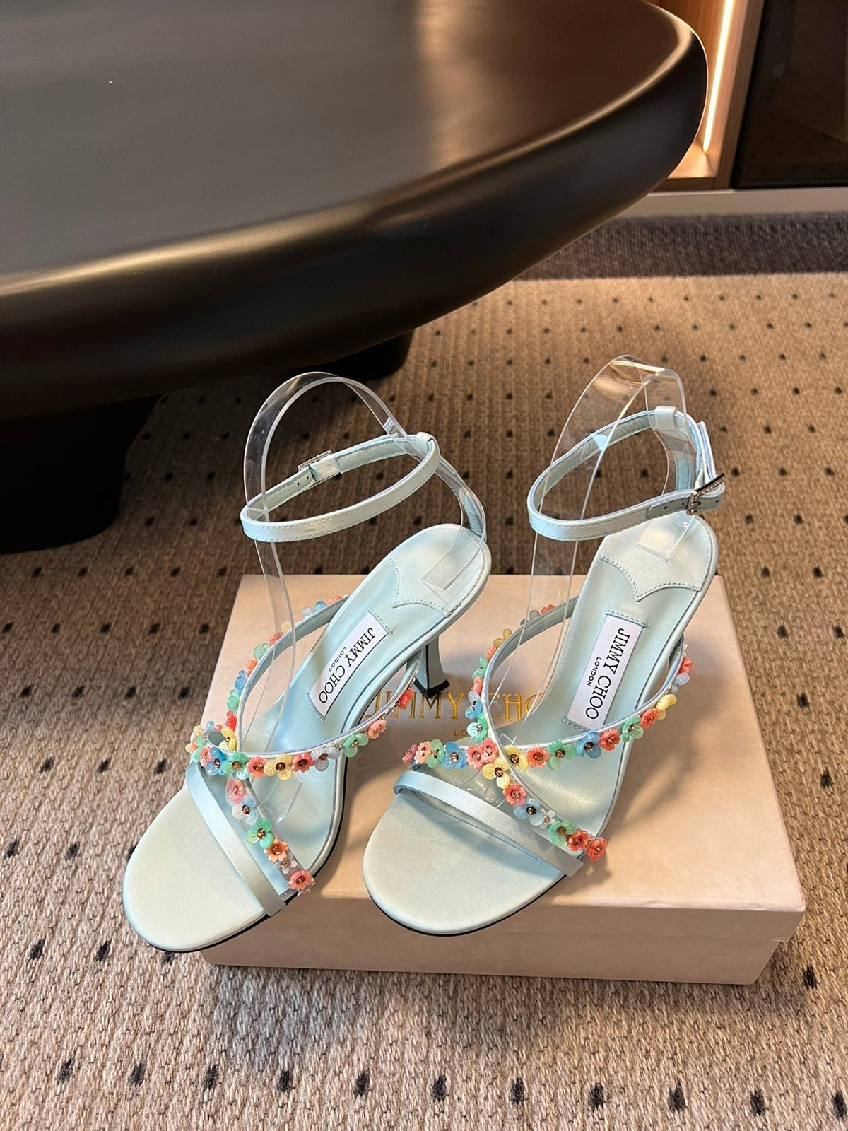 Jimmy Choo 26S Floral Heel Sandals 8.5cm Pastel Blue Satin And Lambskin 831495