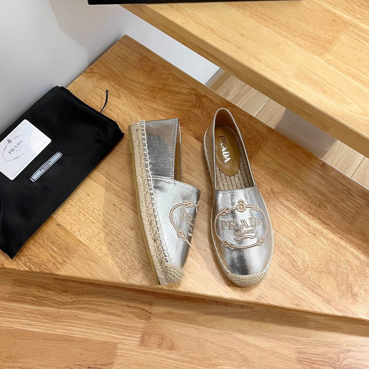 Prada 26s Embroidered Logo Espadrille Flats Silver Calfskin