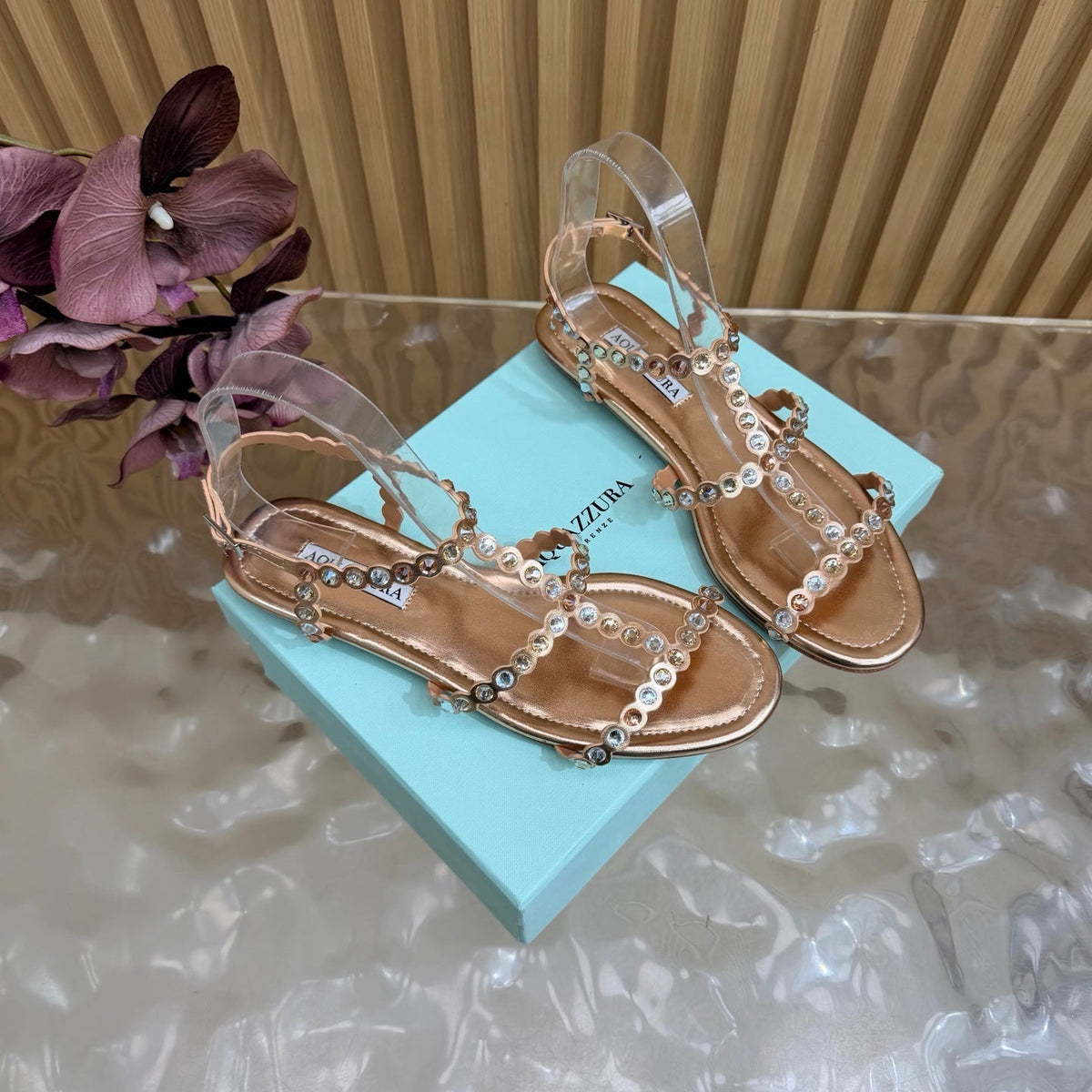 Aquazzura 26s Flat Sandals Rose Gold Calfskin Crystal Embellished 915402
