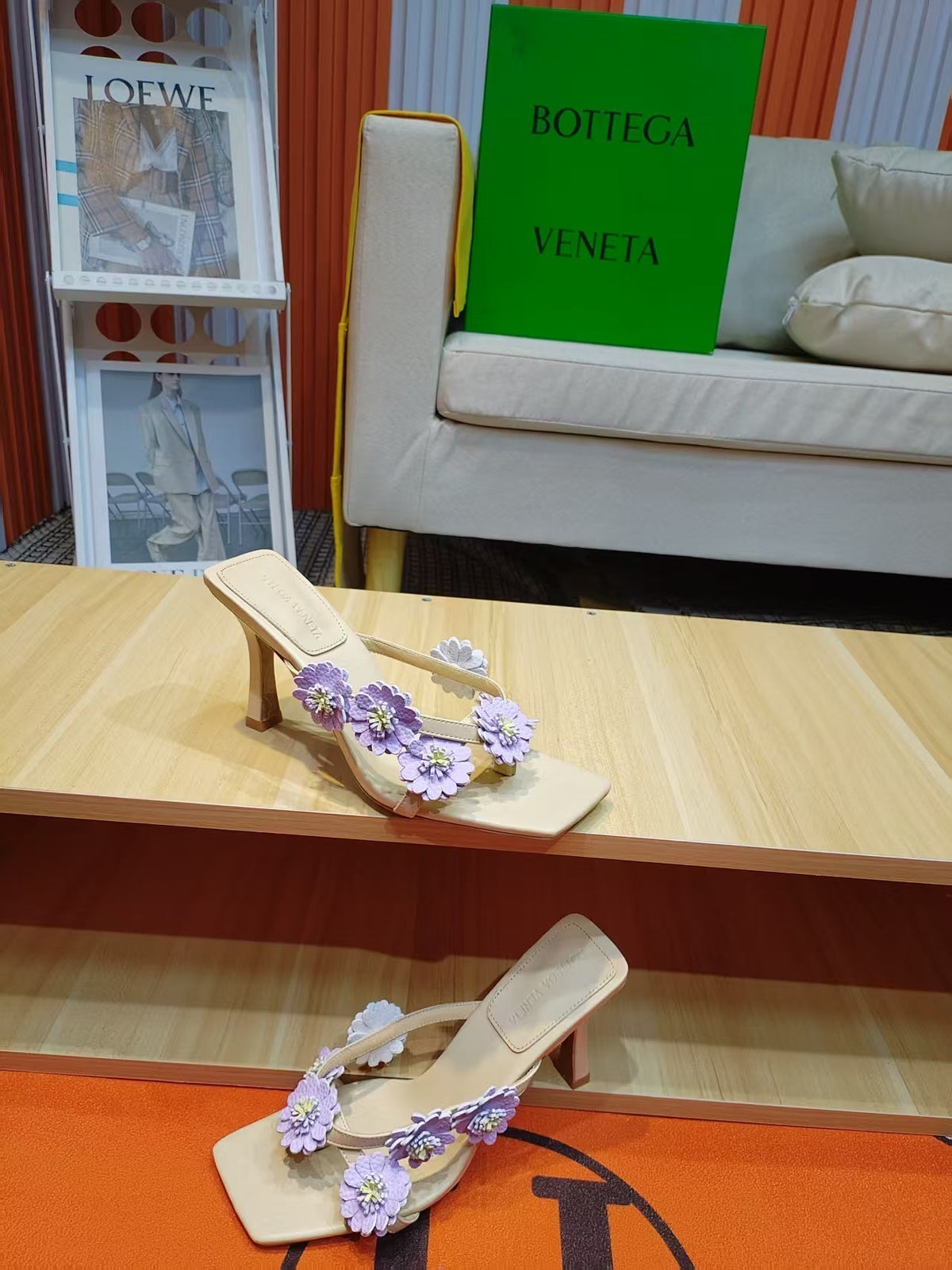 BV Riva Thong Floral Sandals 9CM Purple Beige Leather 139866