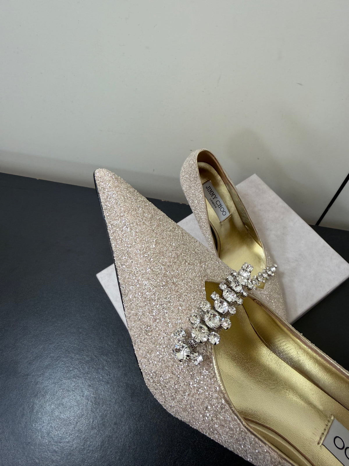 Jimmy Choo 26S Embellished High Heels 9.0cm Champagne Gold Glitter 842195