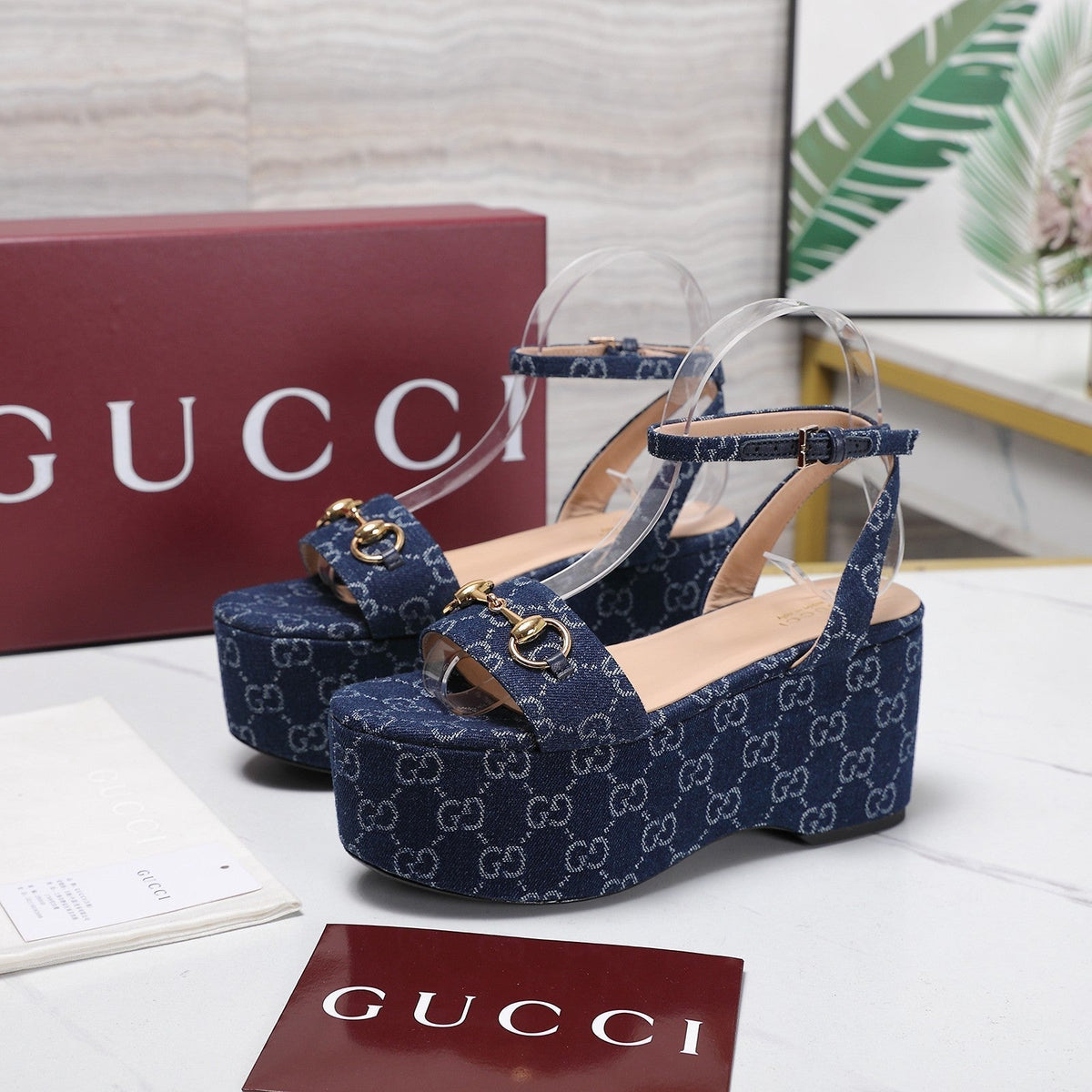 Gucci 26s Wedge Sandals 8cm Blue GG Denim Gold Hardware