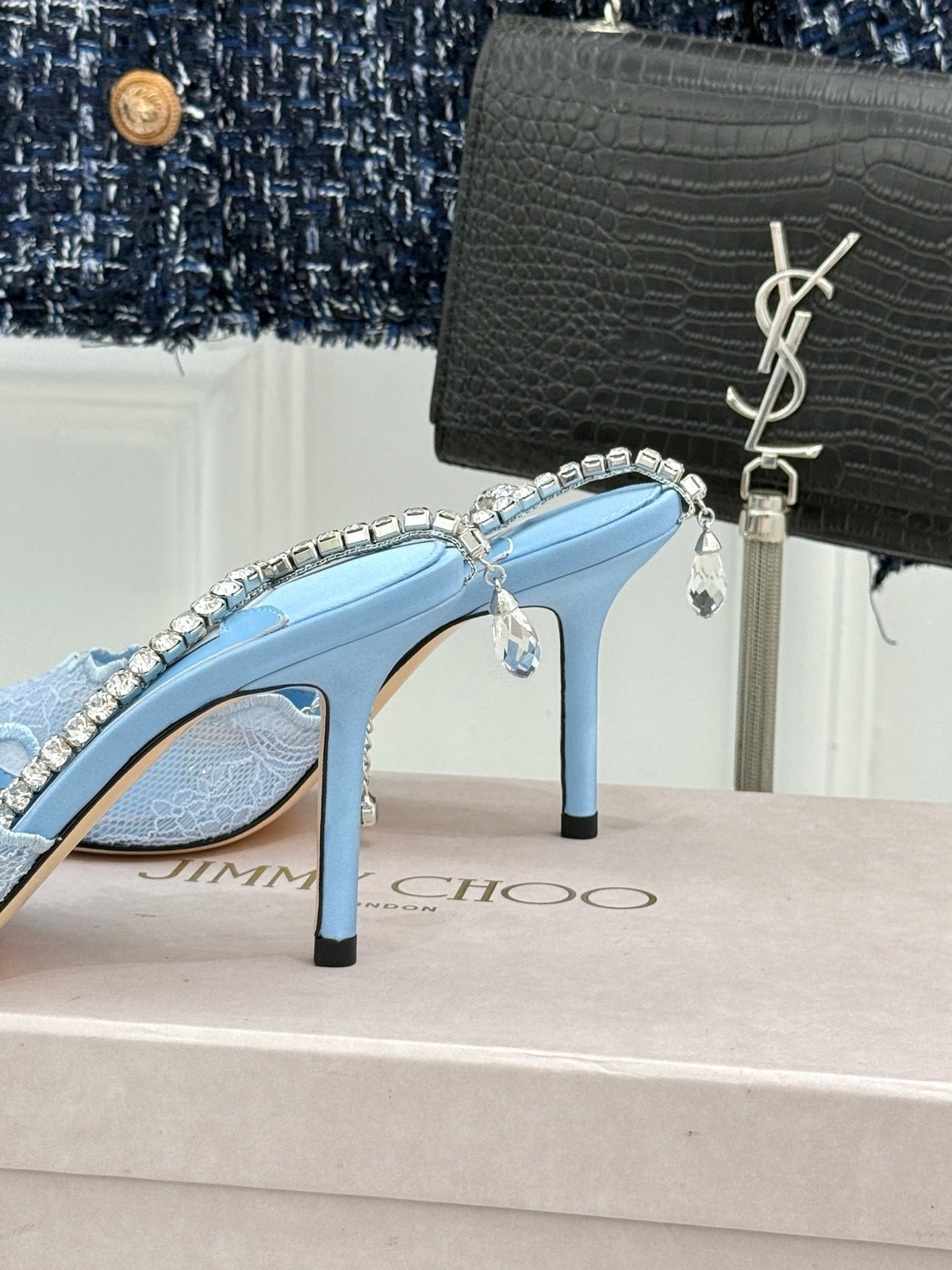 Jimmy Choo 26S Embellished High-Heeled Sandals 8.5cm Blue Lace 483195