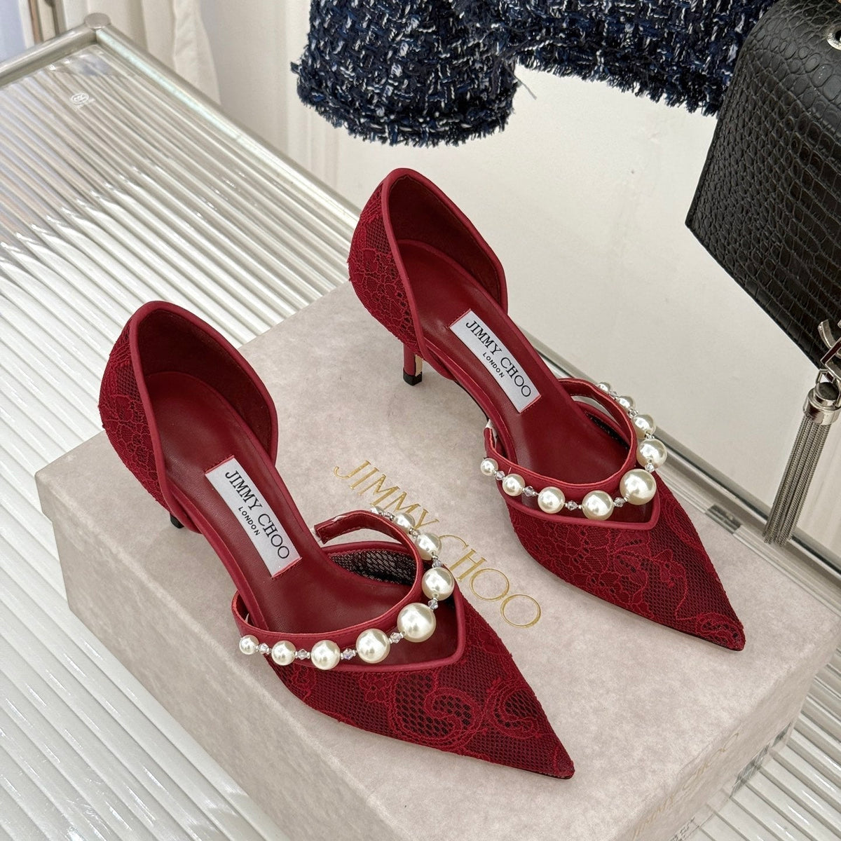 Jimmy Choo 26S High Heels 6.5cm Dark Red Lace Pearl-Embellished 384159