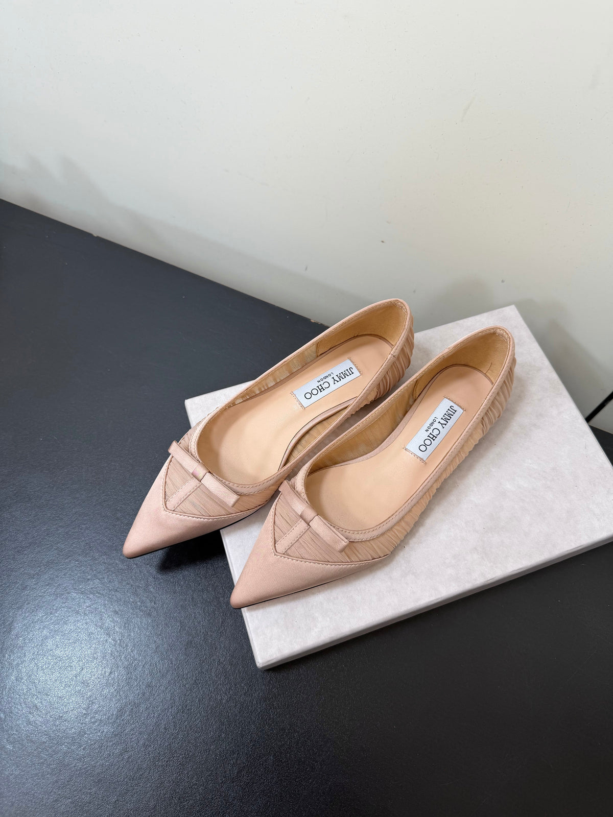 Jimmy Choo 26S Pointed-Toe Flats Nude Satin 639251