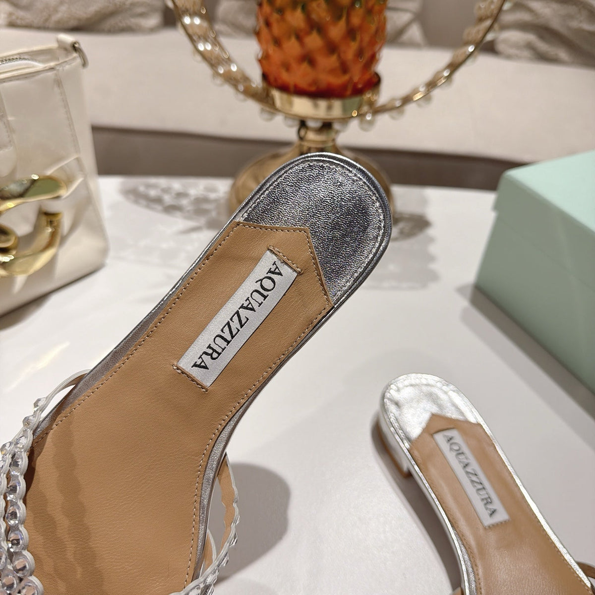 Aquazzura 26s Slides Silver Lambskin Crystal Embellished 820493