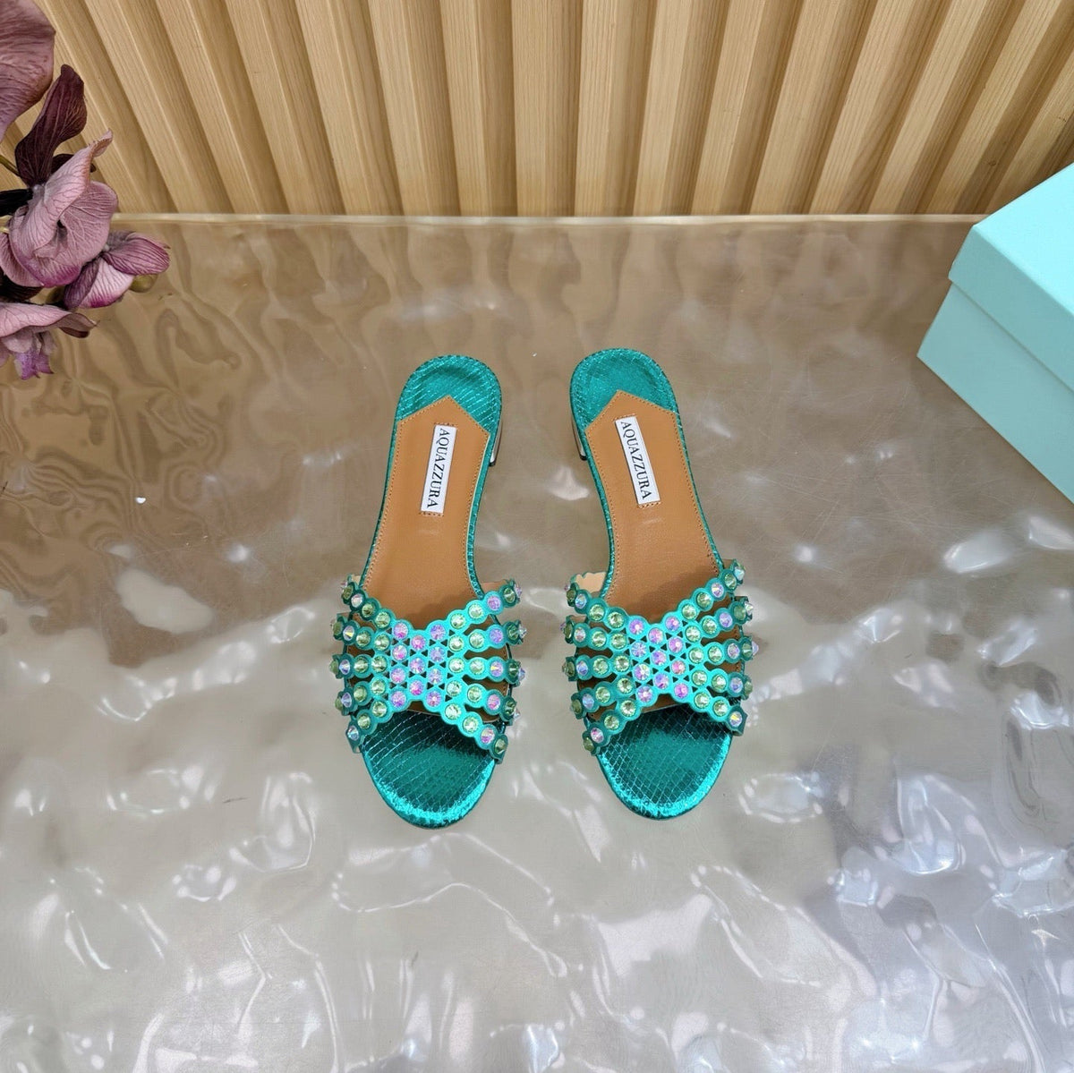 Aquazzura 26s Slides Emerald Green Snakeskin Embossed Leather 592814