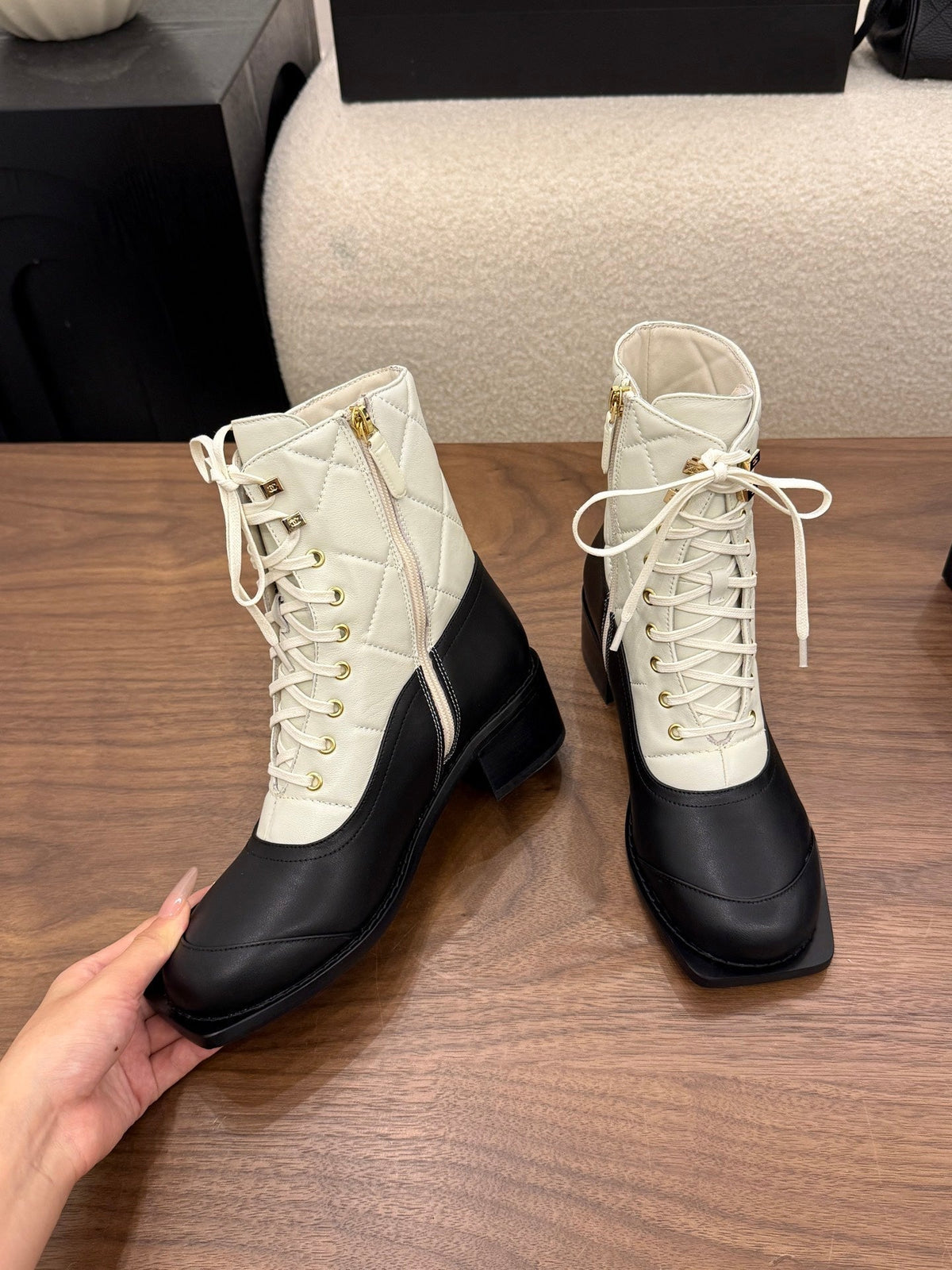 Chanel 26s Lace Up High Top Boots 4.5 Cm Black White Calfskin