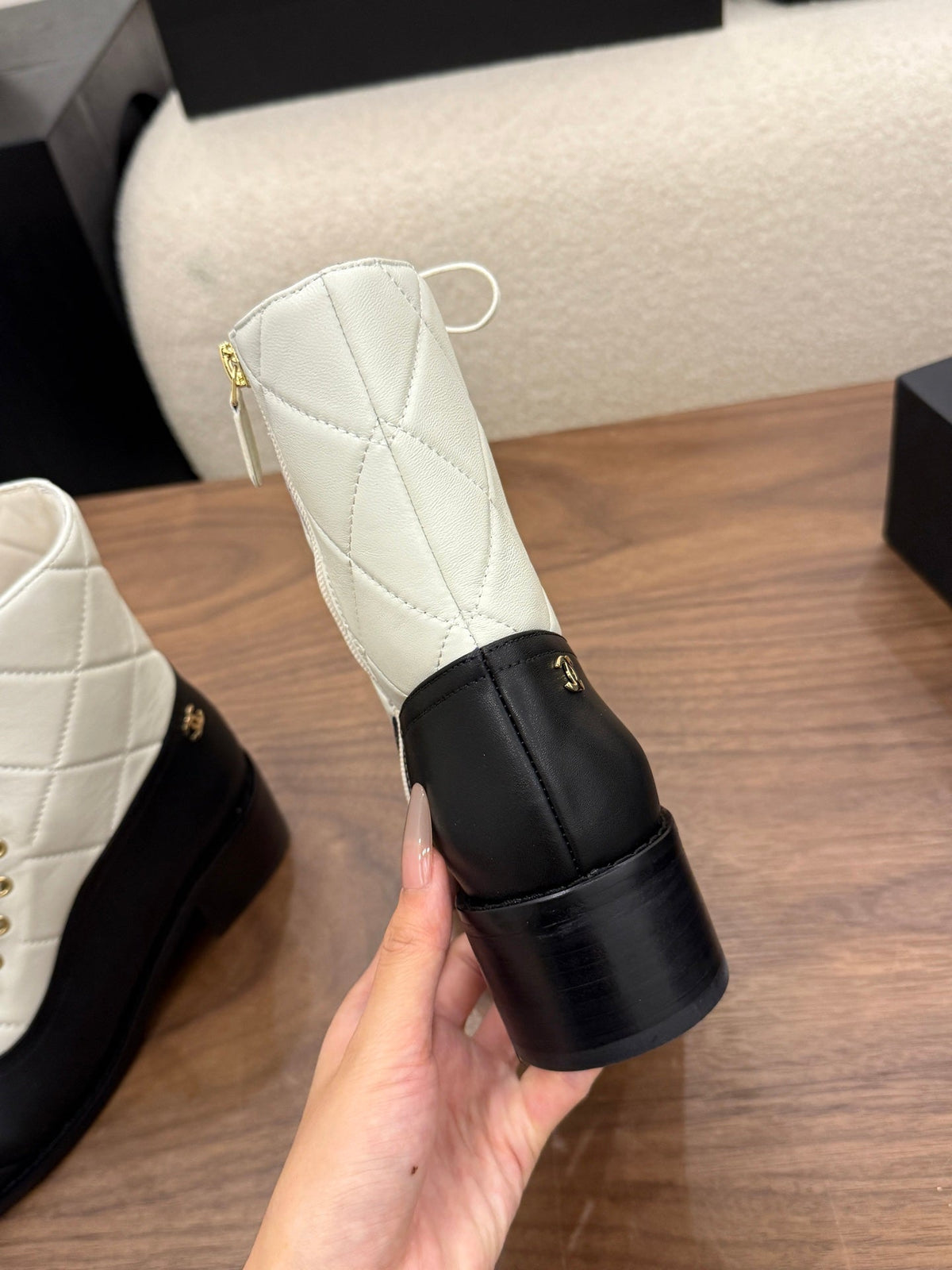 Chanel 26s Lace Up High Top Boots 4.5 Cm Black White Calfskin