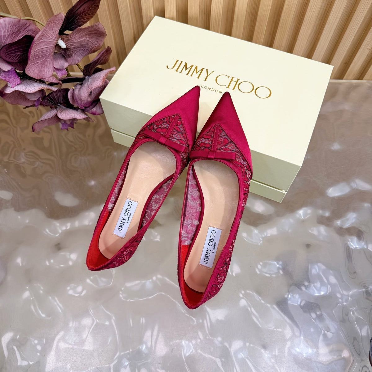 Jimmy Choo 26S Flats Red Lace And Satin 718324