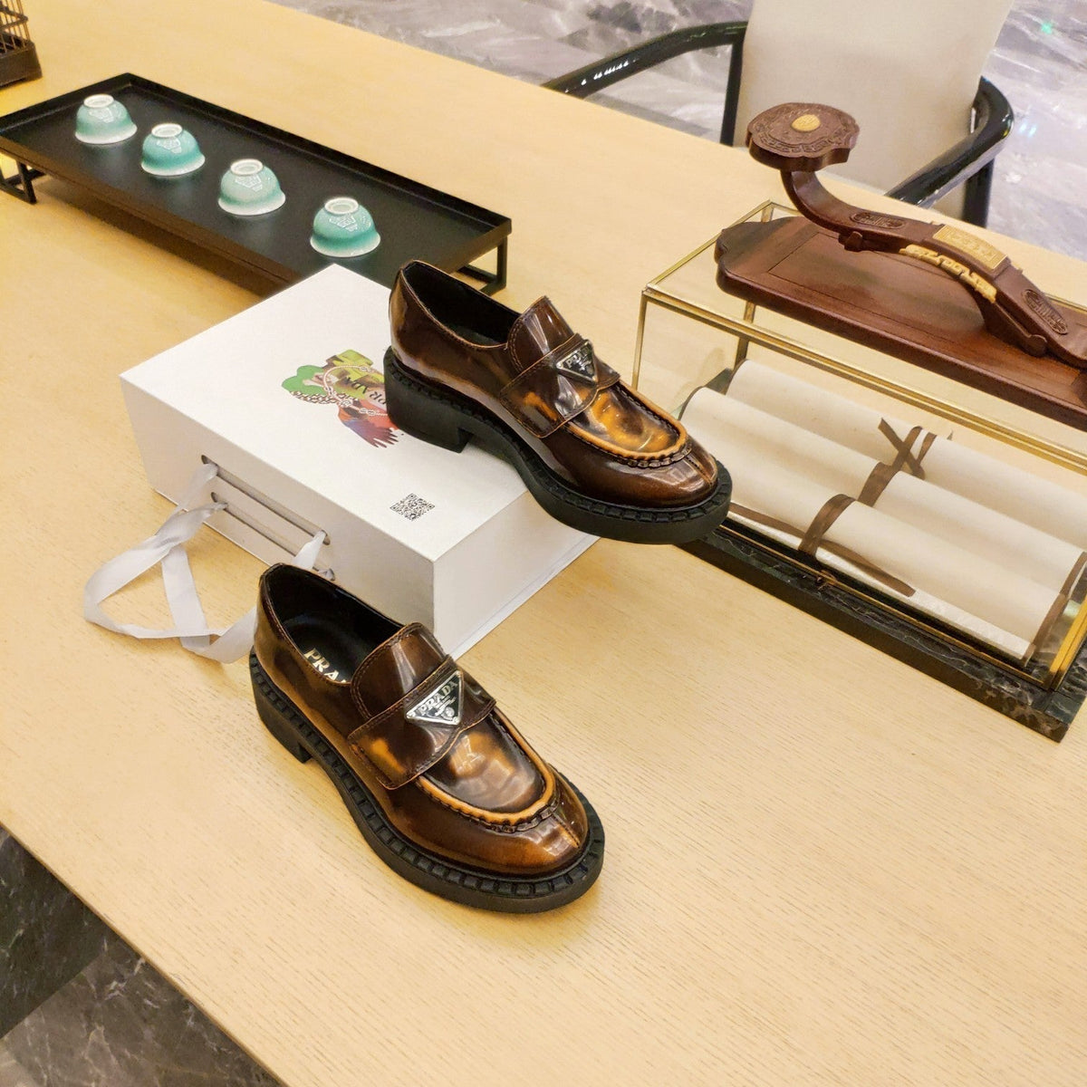 Prada 26S Penny Loafers 55mm Brown Patent Calfskin