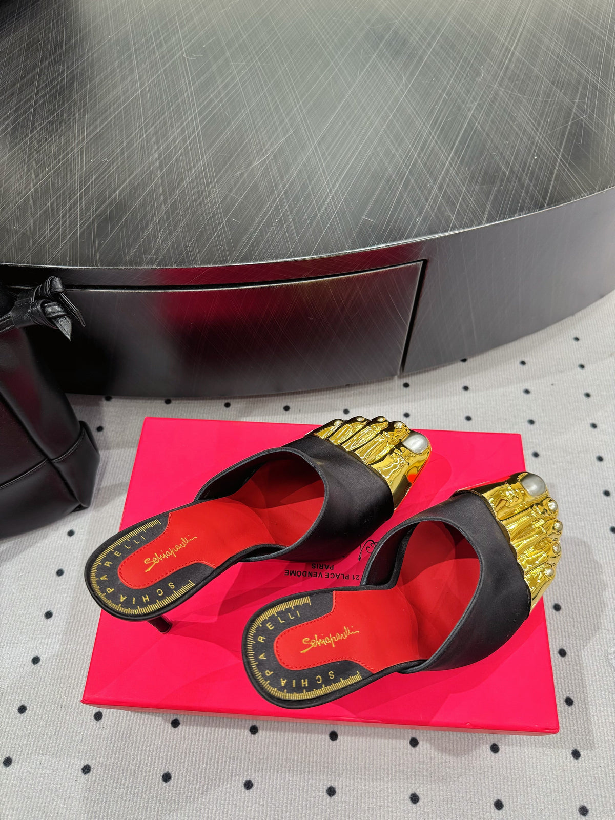 MS Trompe L'oeil Toe Mules 10.5cm Black Gold Leather Blend With Silk