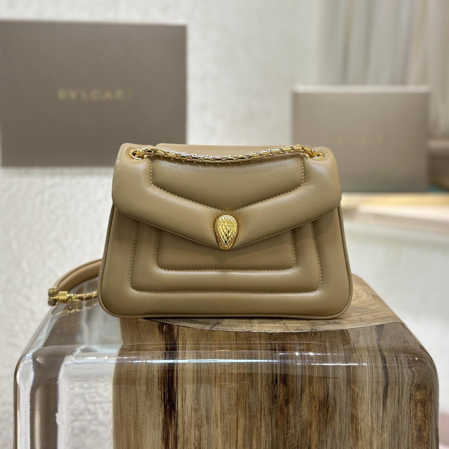 BVL Serpenti Reverse Shoulder Bag 22.5cm Beige Calfskin GHW 188584