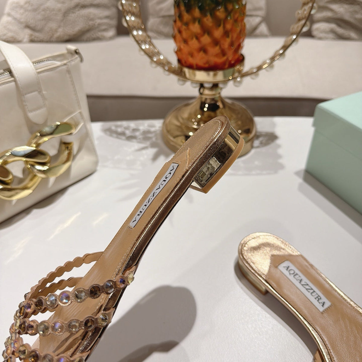 Aquazzura 26s Slides Light Gold Lambskin Crystal Embellished 501934
