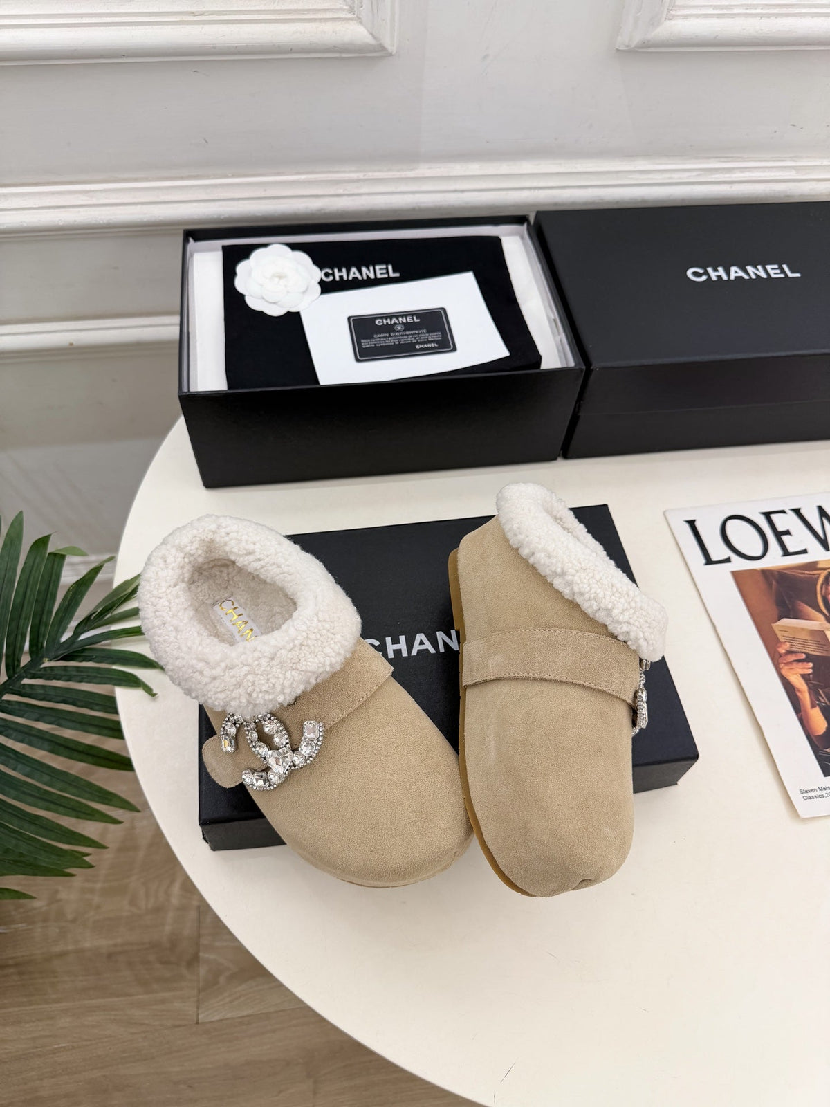 CC 26FW Crystal CC Buckle Shearling-Lined Mules 2.5cm Suede 164882