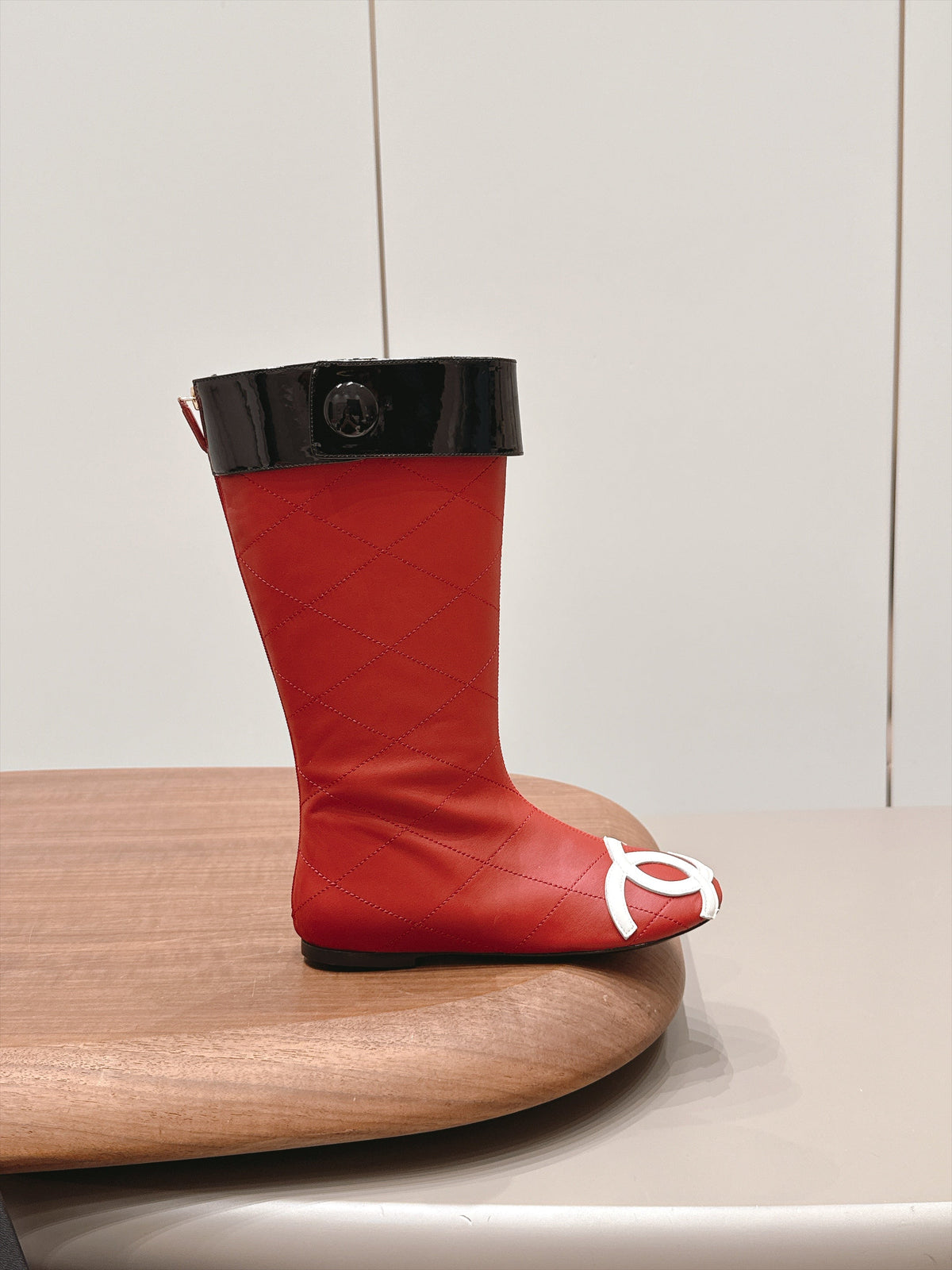 Chanel 26s Knee High Boots Red Quilted Calfskin Black Patent Cuff