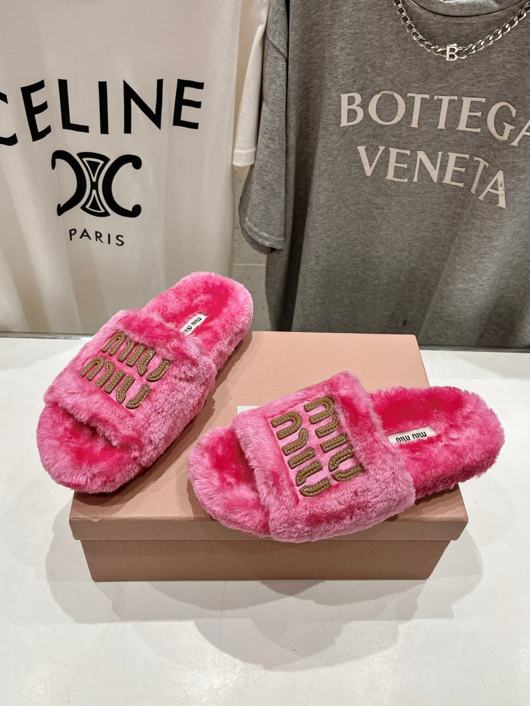 Miumiu 26s Flat Slides Pink Shearling