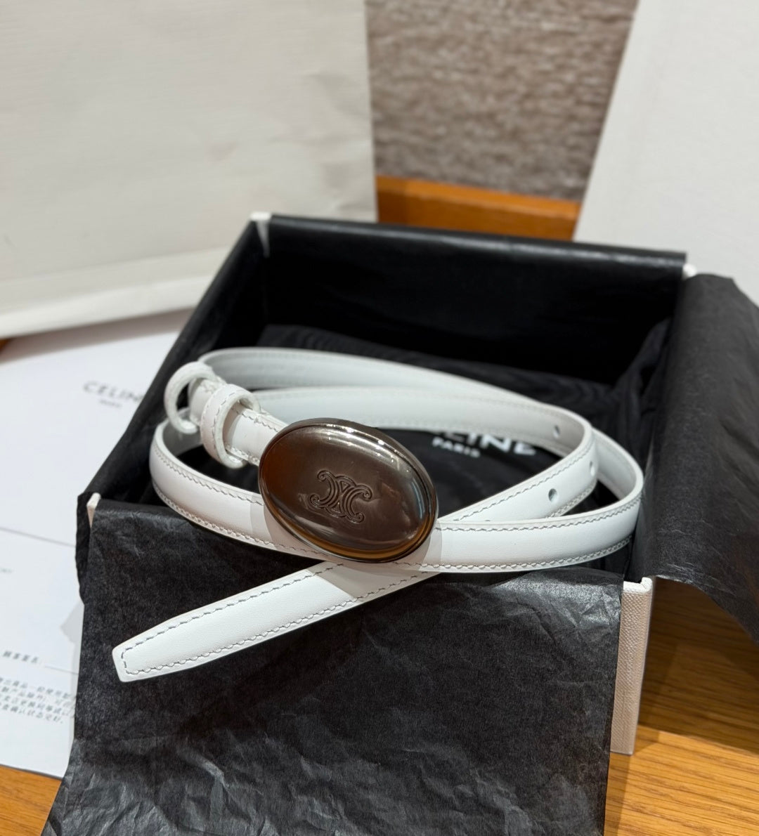 Celine 2026 Triomphe Dark Silver Buckle Belt 13mm Leather