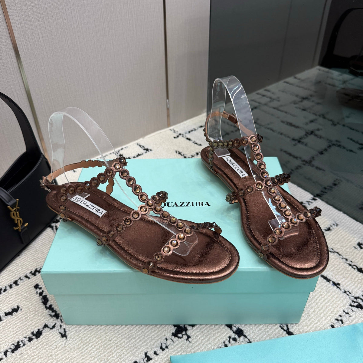 Aquazzura 26s Flat Sandals Dark Brown Lambskin Crystal-Embellished 824915
