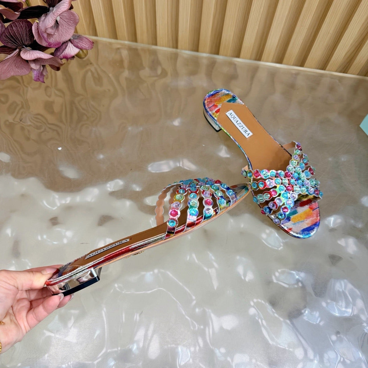 Aquazzura 26s Slides Multicolor Snakeskin Embossed Leather 924158