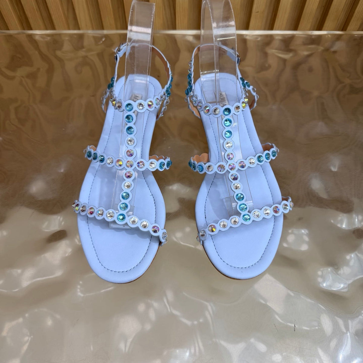 Aquazzura 26s Flat Sandals Light Blue Calfskin Crystal Embellished 471092